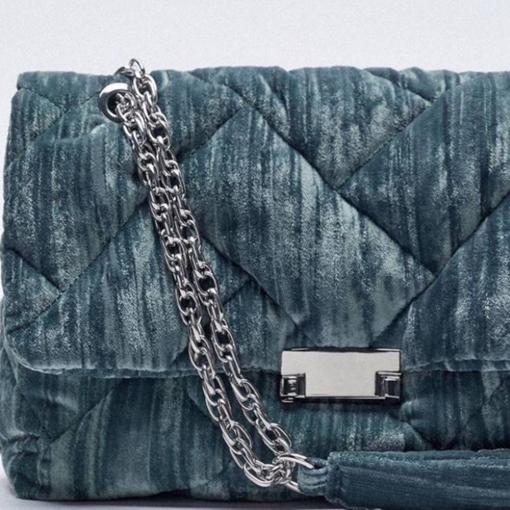 ZARA Blue Quilted Velvet Maxi Crossbody Bag Purse